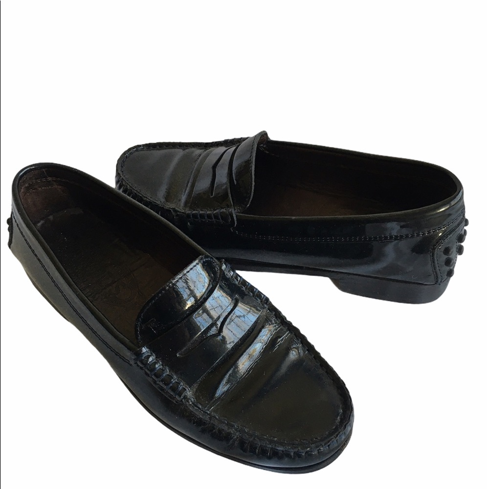 Tods Black Patent Penny Loafers